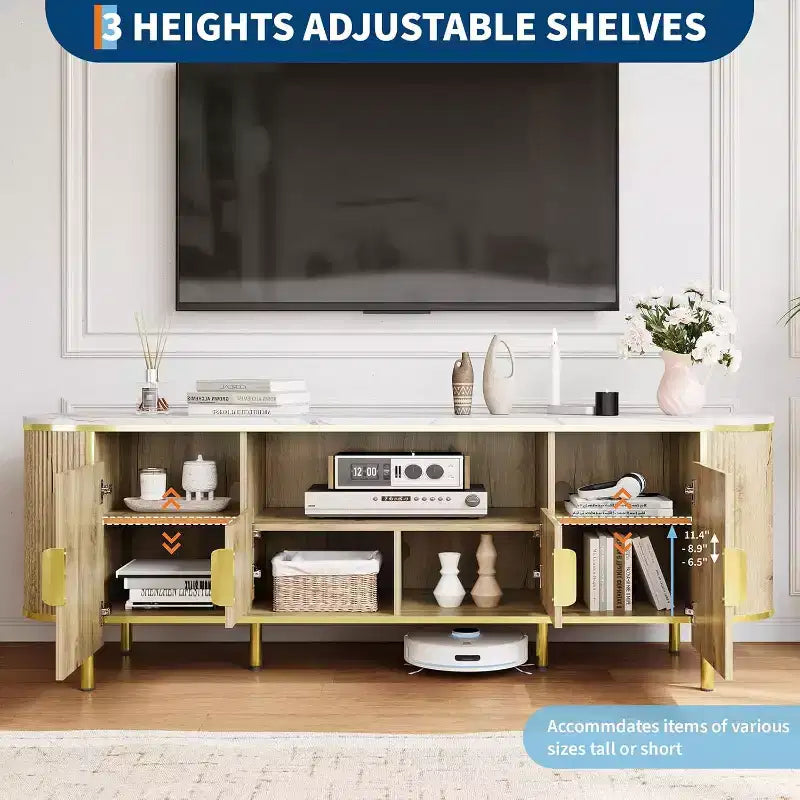 COZONY 70in Fluted TV Stand for TVs up to 80, Faux Marble Top Media Console with Sliding Doors