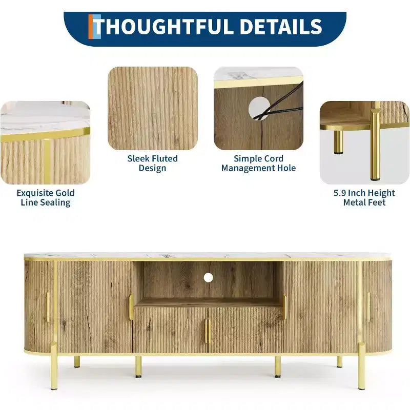 COZONY 70in Fluted TV Stand for TVs up to 80, Faux Marble Top Media Console with Sliding Doors