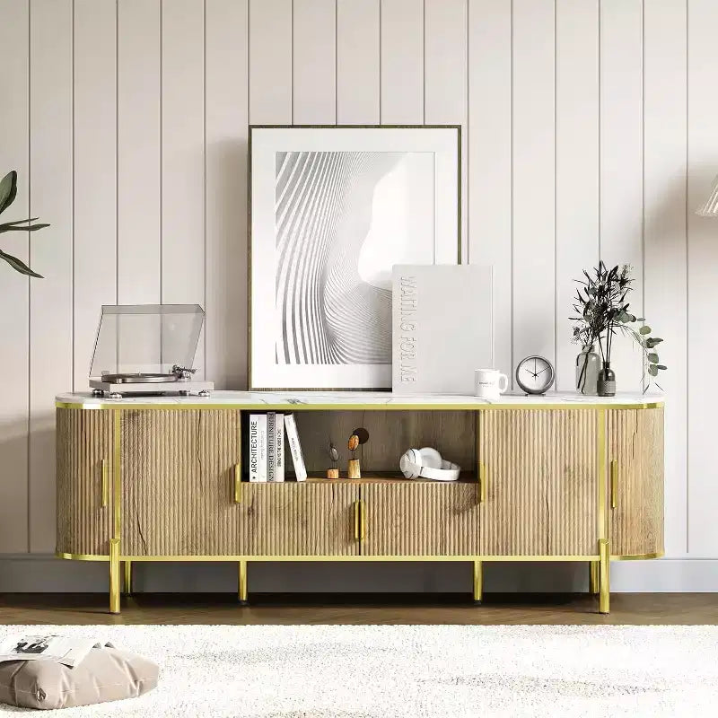 COZONY 70in Fluted TV Stand for TVs up to 80, Faux Marble Top Media Console with Sliding Doors