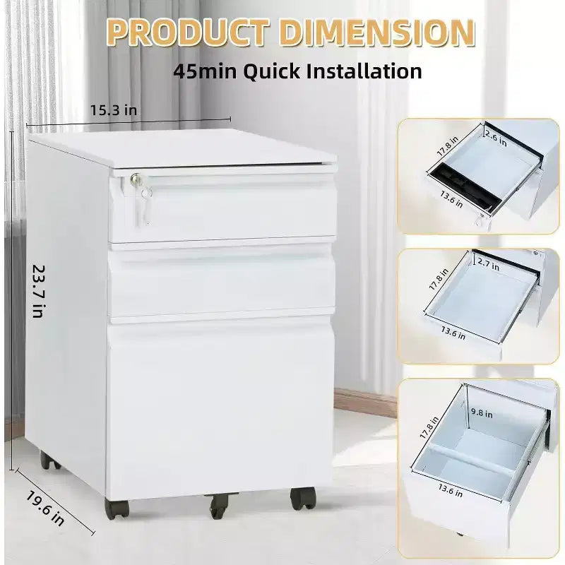 Acekool 3-Drawer Mobile File Cabinet - Locking Storage w/ Anti-Tip Wheels, Fits Letters/Legal/A4 Files, Under-Desk Organizer, Black