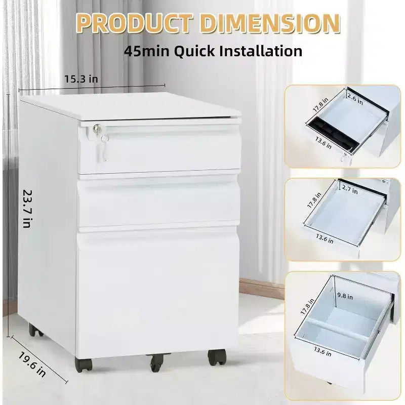 Acekool 3-Drawer Mobile File Cabinet - Locking Storage w/ Anti-Tip Wheels, Fits Letters/Legal/A4 Files, Under-Desk Organizer, Black
