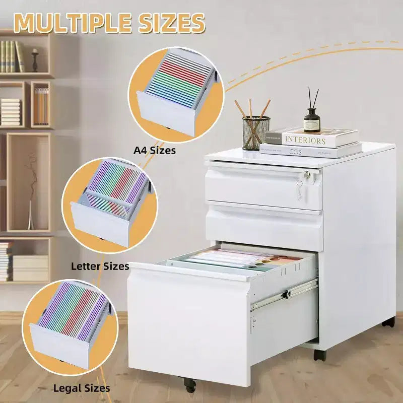 Acekool 3-Drawer Mobile File Cabinet - Locking Storage w/ Anti-Tip Wheels, Fits Letters/Legal/A4 Files, Under-Desk Organizer, Black