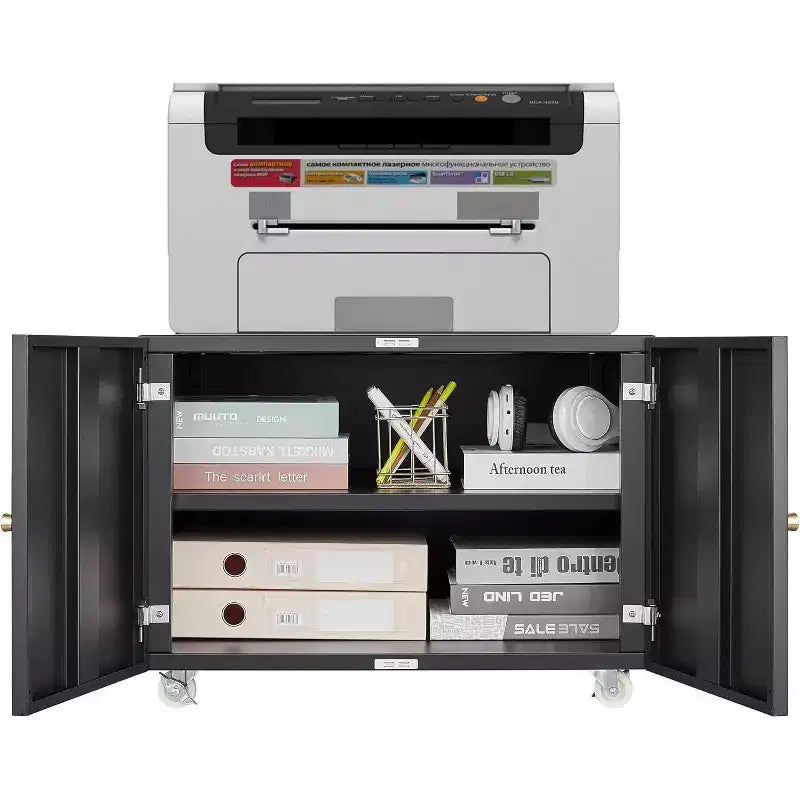 Acekool Mobile Printer Cabinet - 2-Door Storage w/ Adjustable Shelf, Under-Desk Design for Office & Small Spaces, 23.6 Black Organizer