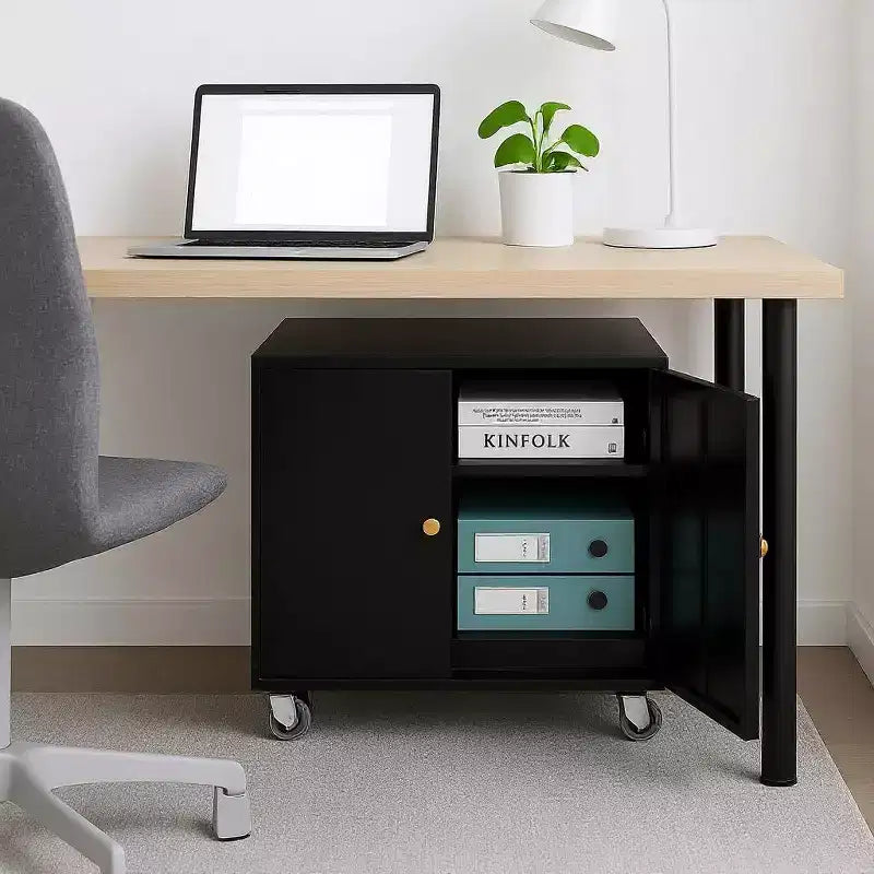 Acekool Mobile Printer Cabinet - 2-Door Storage w/ Adjustable Shelf, Under-Desk Design for Office & Small Spaces, 23.6 Black Organizer
