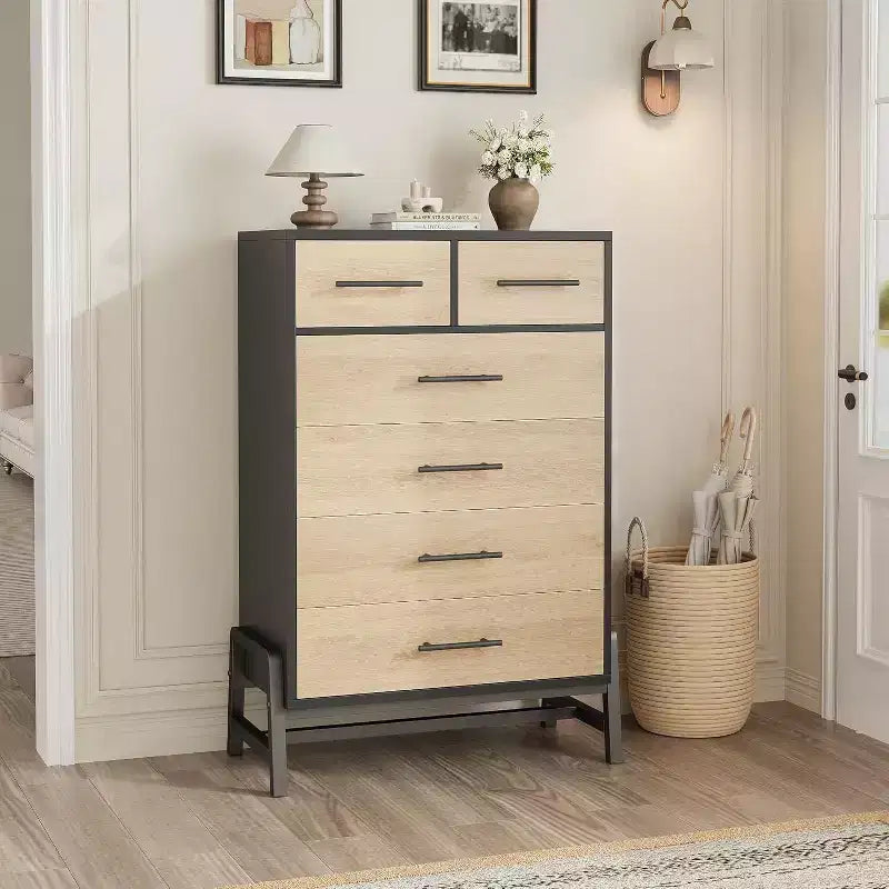 Coolmee 6 Drawer Dresser Storage Cabinet with Sturdy Metal Base