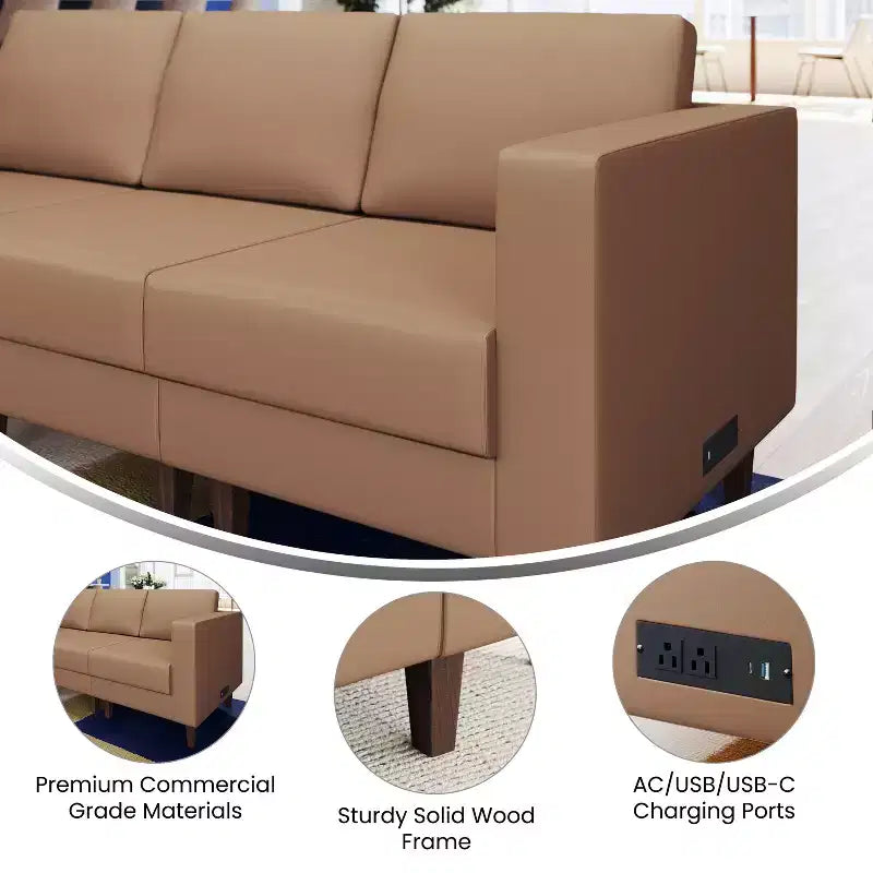 Flash Furniture HERCULES Artemis Upholstered Right Arm Reception Chair, 2 AC Outlets/1 USB/1 USB-C Port and Wood Walnut Legs w/ Adjustable Floor Glide