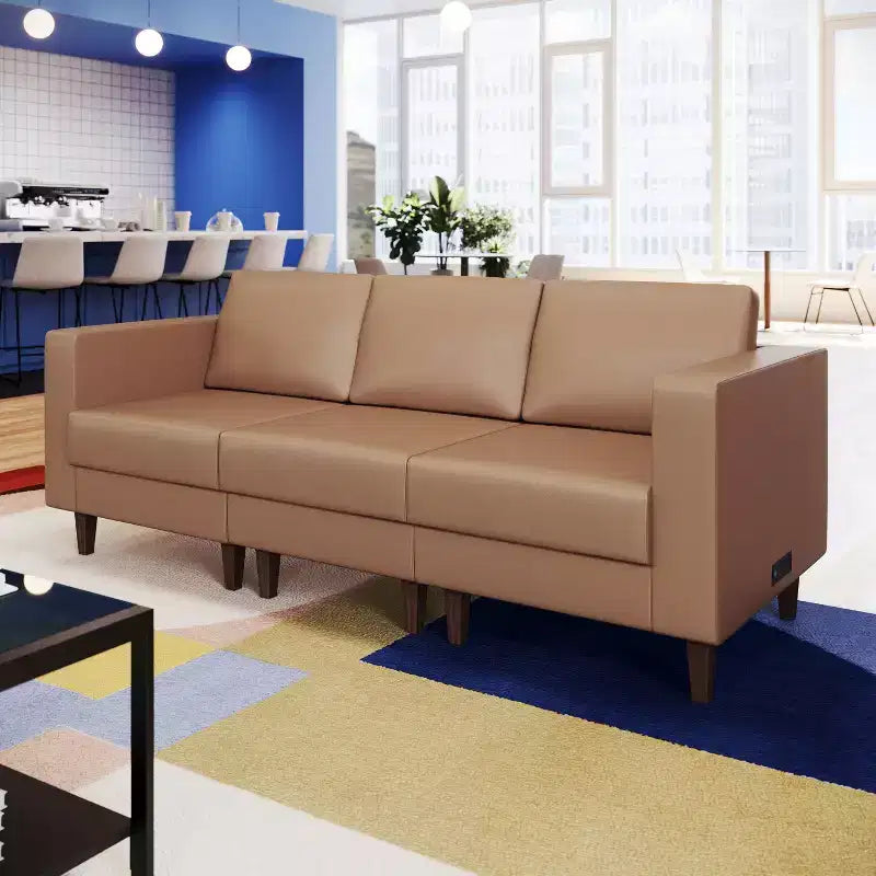 Flash Furniture HERCULES Artemis Upholstered Right Arm Reception Chair, 2 AC Outlets/1 USB/1 USB-C Port and Wood Walnut Legs w/ Adjustable Floor Glide