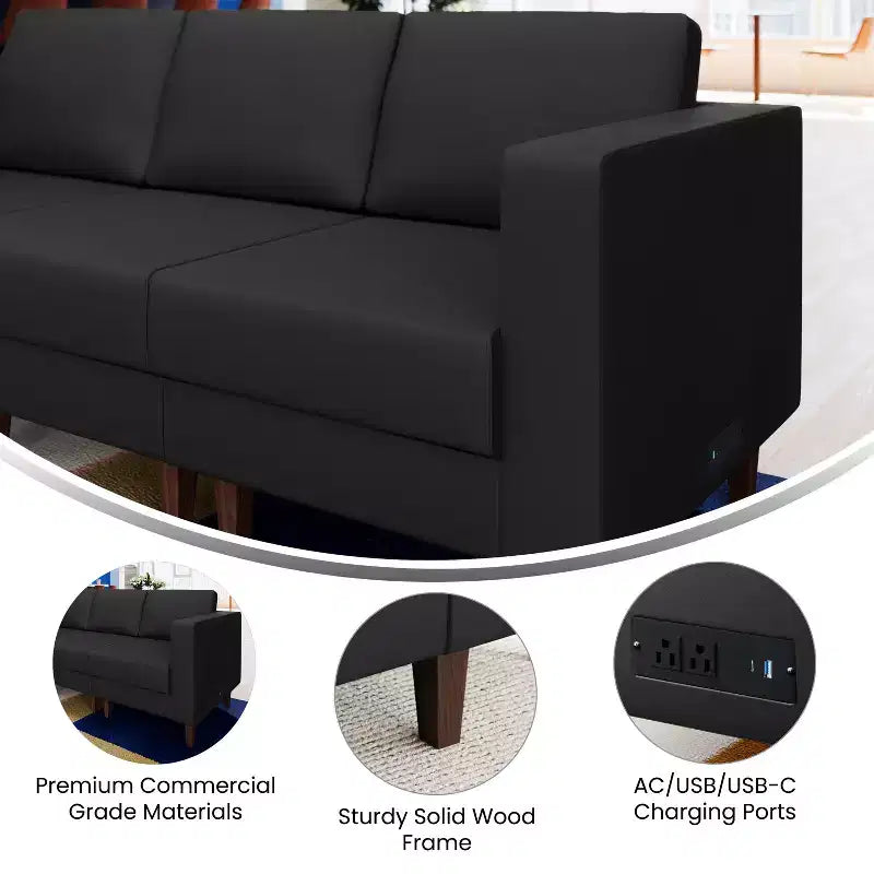 Flash Furniture HERCULES Artemis Upholstered Right Arm Reception Chair, 2 AC Outlets/1 USB/1 USB-C Port and Wood Walnut Legs w/ Adjustable Floor Glide