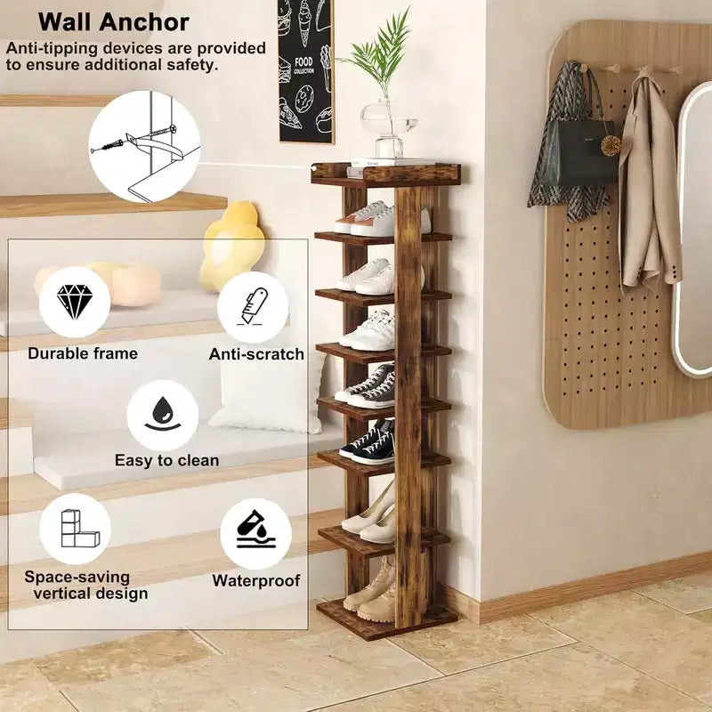Tree City - Slim 7-Tier 45'' Vertical Wooden Shoe Rack for Entryway, Closet & Small Spaces,Holds 7-10 Pairs