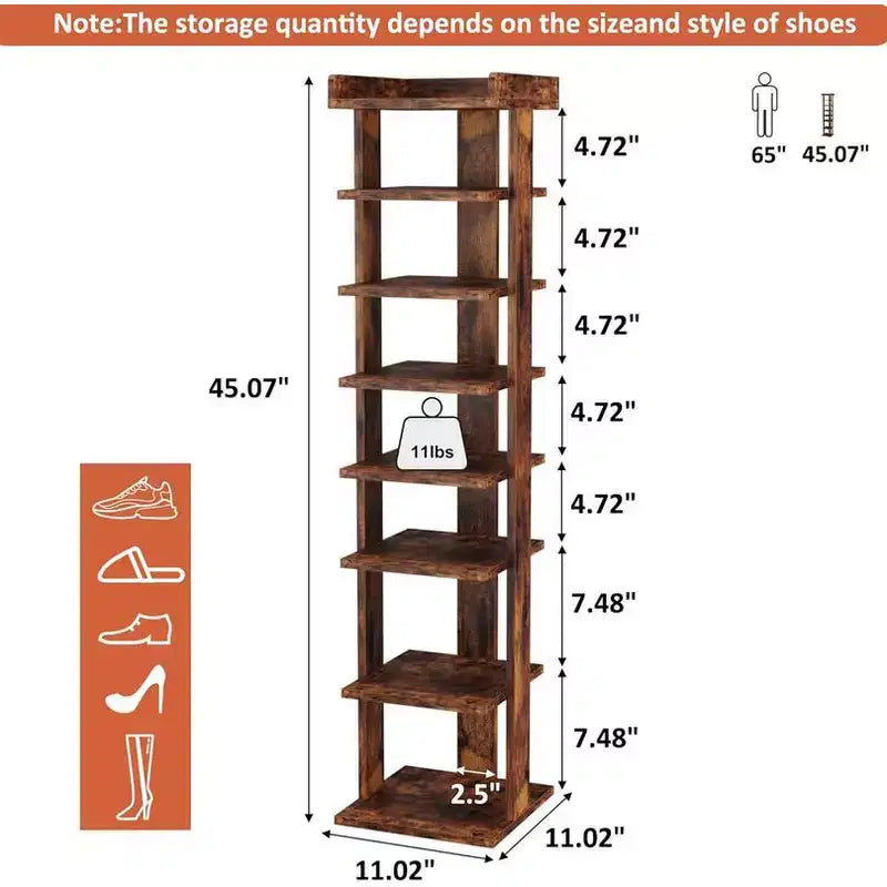 Tree City - Slim 7-Tier 45'' Vertical Wooden Shoe Rack for Entryway, Closet & Small Spaces,Holds 7-10 Pairs
