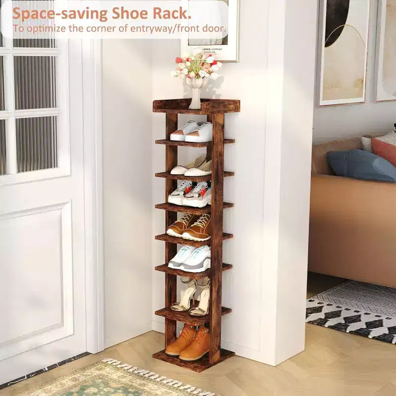 Tree City - Slim 7-Tier 45'' Vertical Wooden Shoe Rack for Entryway, Closet & Small Spaces,Holds 7-10 Pairs