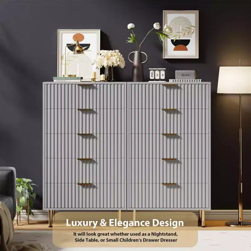 Modern Wooden 48 Tall Fluted 5 Drawer Dresser with Deep Drawers and Wide Top for Bedroom, Living Room, Hallway, Kids Room