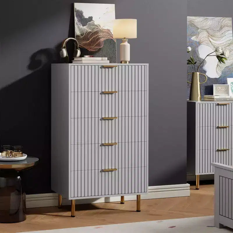 Modern Wooden 48 Tall Fluted 5 Drawer Dresser with Deep Drawers and Wide Top for Bedroom, Living Room, Hallway, Kids Room
