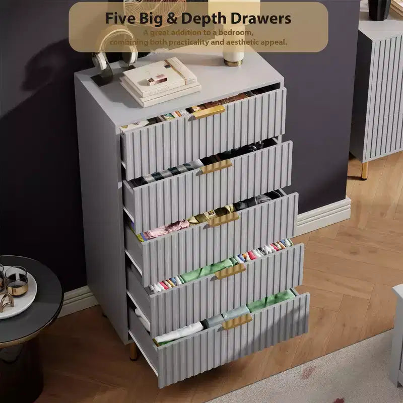 Modern Wooden 48 Tall Fluted 5 Drawer Dresser with Deep Drawers and Wide Top for Bedroom, Living Room, Hallway, Kids Room