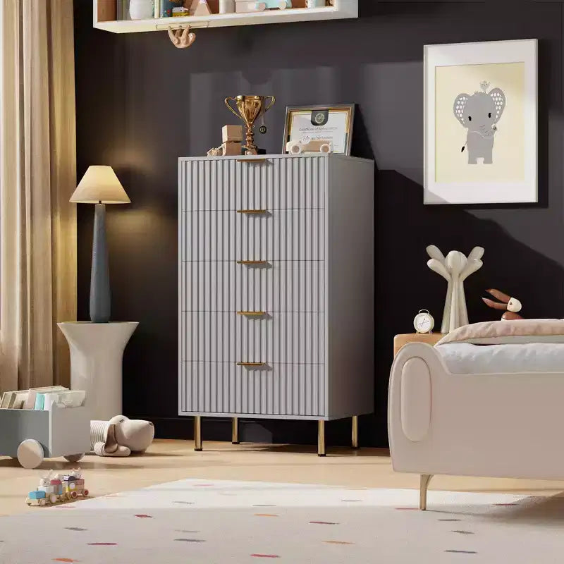 Modern Wooden 48 Tall Fluted 5 Drawer Dresser with Deep Drawers and Wide Top for Bedroom, Living Room, Hallway, Kids Room