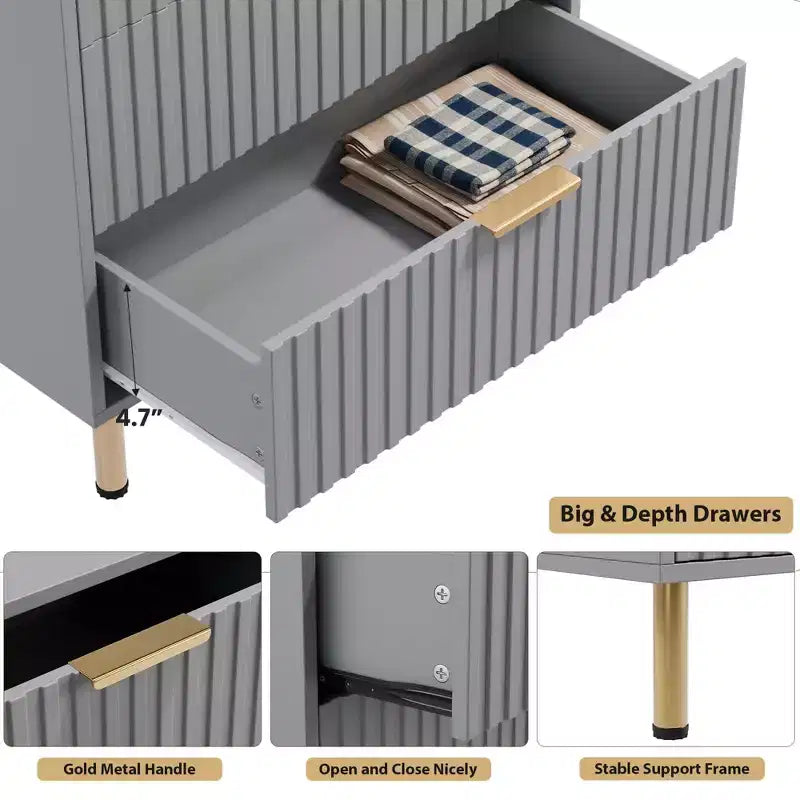 Modern Wooden 48 Tall Fluted 5 Drawer Dresser with Deep Drawers and Wide Top for Bedroom, Living Room, Hallway, Kids Room