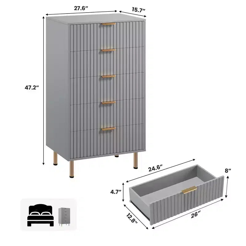 Modern Wooden 48 Tall Fluted 5 Drawer Dresser with Deep Drawers and Wide Top for Bedroom, Living Room, Hallway, Kids Room