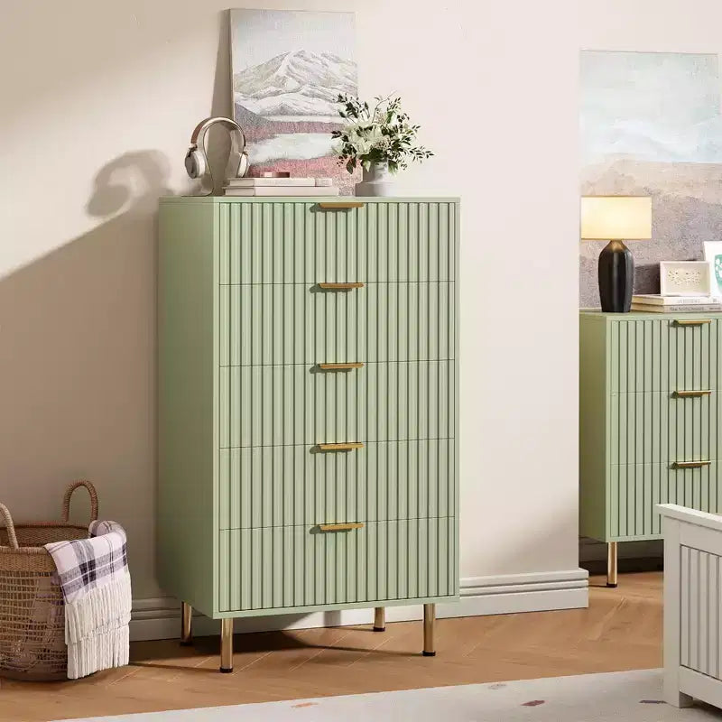Modern Wooden 48 Tall Fluted 5 Drawer Dresser with Deep Drawers and Wide Top for Bedroom, Living Room, Hallway, Kids Room