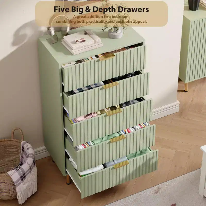 Modern Wooden 48 Tall Fluted 5 Drawer Dresser with Deep Drawers and Wide Top for Bedroom, Living Room, Hallway, Kids Room