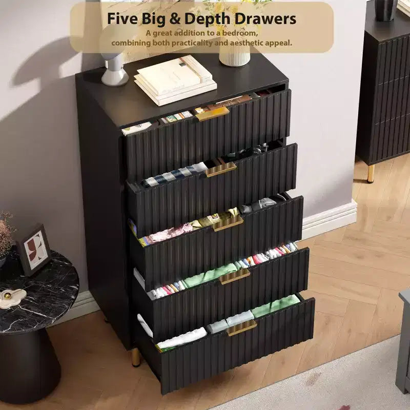 Modern Wooden 48 Tall Fluted 5 Drawer Dresser with Deep Drawers and Wide Top for Bedroom, Living Room, Hallway, Kids Room