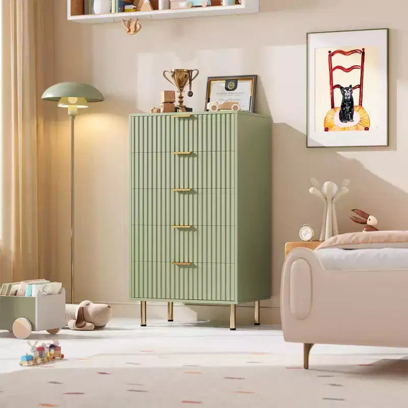 Modern Wooden 48 Tall Fluted 5 Drawer Dresser with Deep Drawers and Wide Top for Bedroom, Living Room, Hallway, Kids Room