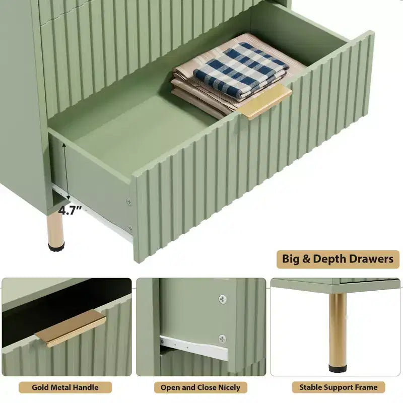 Modern Wooden 48 Tall Fluted 5 Drawer Dresser with Deep Drawers and Wide Top for Bedroom, Living Room, Hallway, Kids Room
