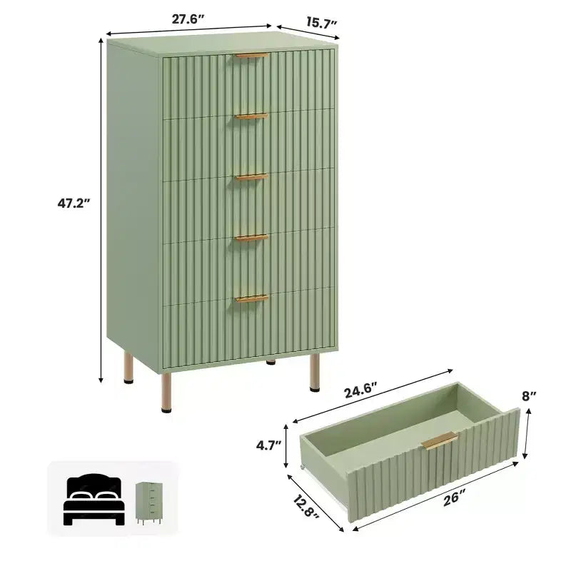 Modern Wooden 48 Tall Fluted 5 Drawer Dresser with Deep Drawers and Wide Top for Bedroom, Living Room, Hallway, Kids Room