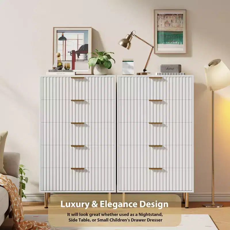 Modern Wooden 48 Tall Fluted 5 Drawer Dresser with Deep Drawers and Wide Top for Bedroom, Living Room, Hallway, Kids Room