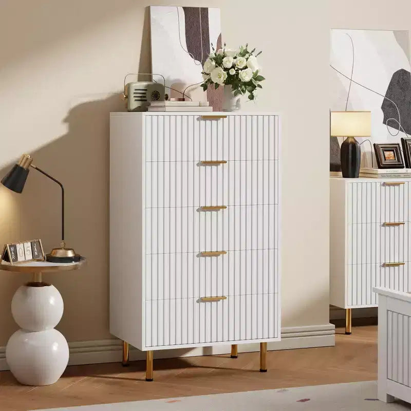 Modern Wooden 48 Tall Fluted 5 Drawer Dresser with Deep Drawers and Wide Top for Bedroom, Living Room, Hallway, Kids Room