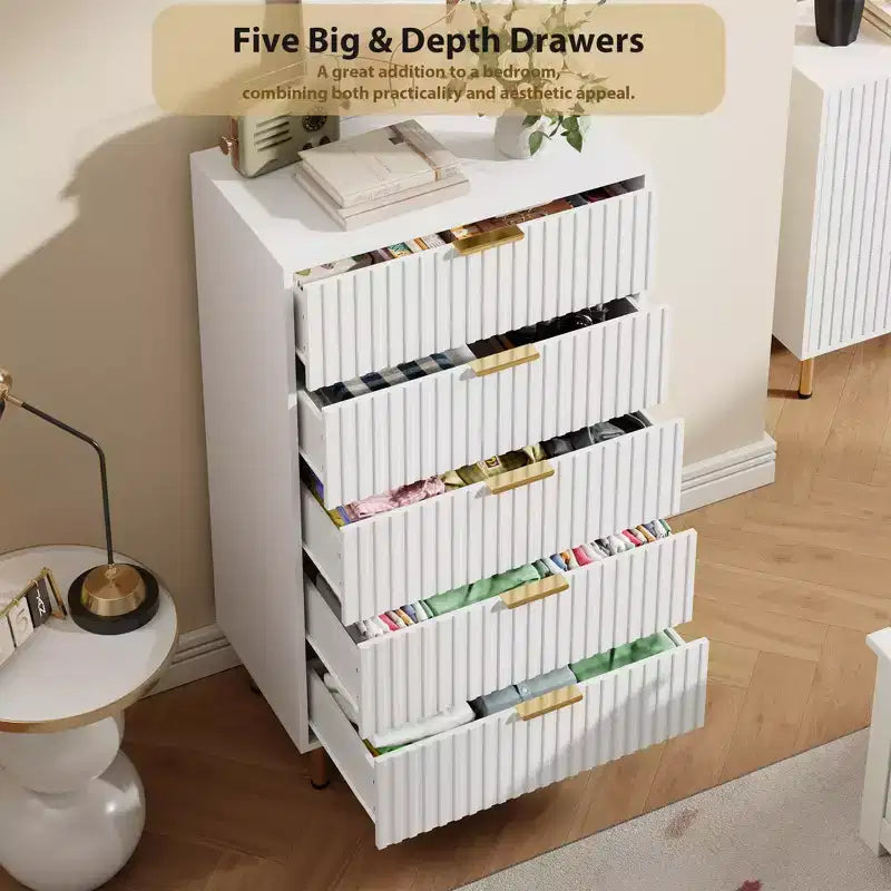 Modern Wooden 48 Tall Fluted 5 Drawer Dresser with Deep Drawers and Wide Top for Bedroom, Living Room, Hallway, Kids Room