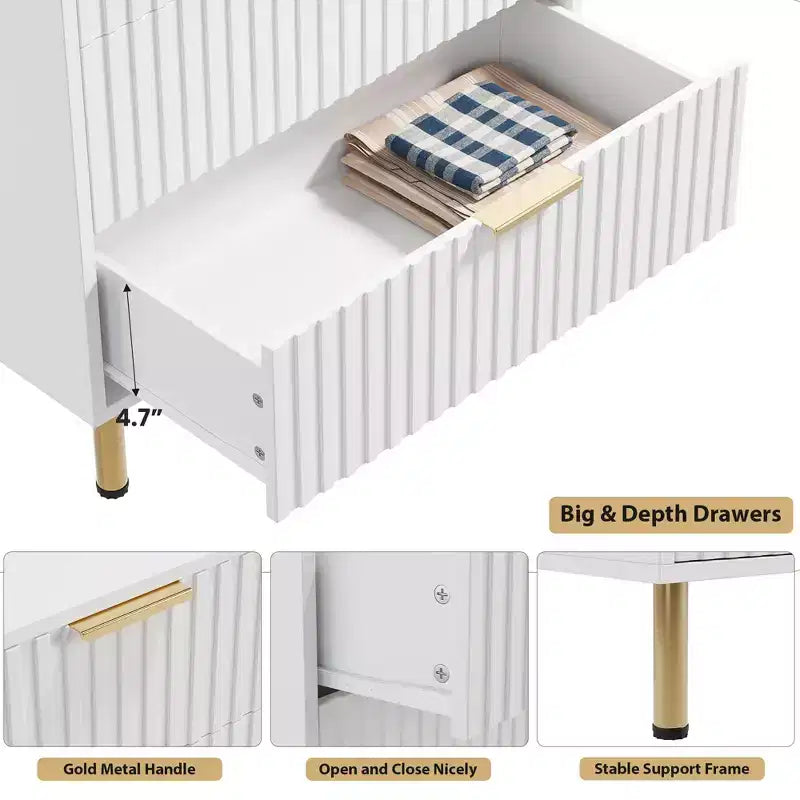 Modern Wooden 48 Tall Fluted 5 Drawer Dresser with Deep Drawers and Wide Top for Bedroom, Living Room, Hallway, Kids Room
