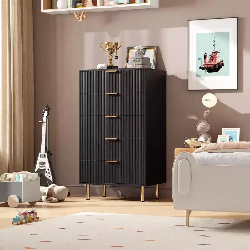Modern Wooden 48 Tall Fluted 5 Drawer Dresser with Deep Drawers and Wide Top for Bedroom, Living Room, Hallway, Kids Room