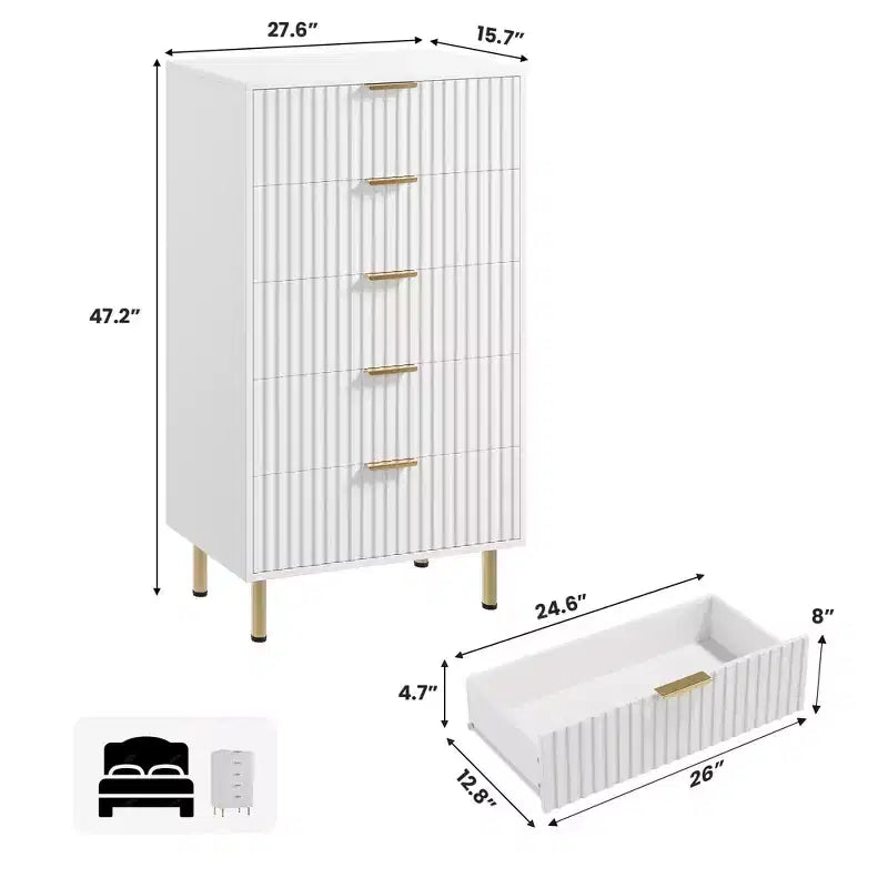 Modern Wooden 48 Tall Fluted 5 Drawer Dresser with Deep Drawers and Wide Top for Bedroom, Living Room, Hallway, Kids Room