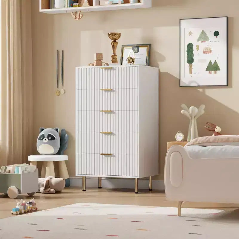 Modern Wooden 48 Tall Fluted 5 Drawer Dresser with Deep Drawers and Wide Top for Bedroom, Living Room, Hallway, Kids Room