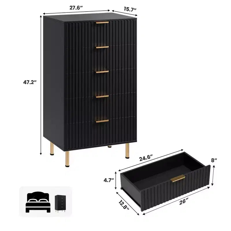 Modern Wooden 48 Tall Fluted 5 Drawer Dresser with Deep Drawers and Wide Top for Bedroom, Living Room, Hallway, Kids Room