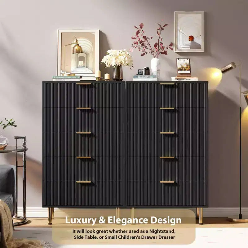 Modern Wooden 48 Tall Fluted 5 Drawer Dresser with Deep Drawers and Wide Top for Bedroom, Living Room, Hallway, Kids Room