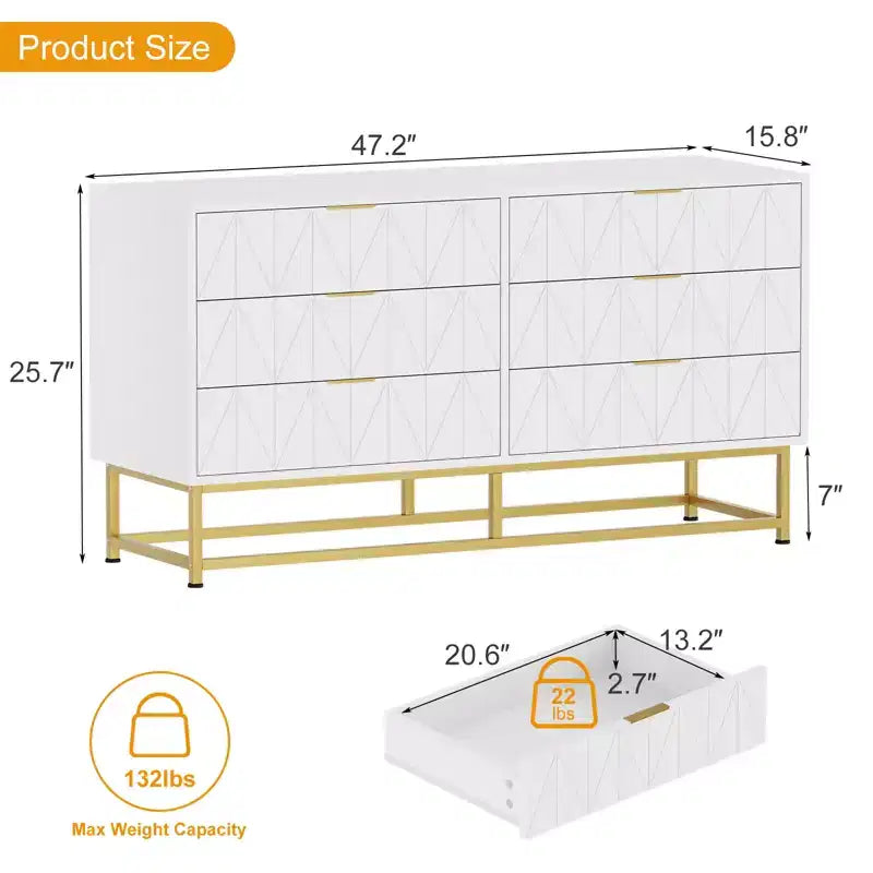 Modern Narrow 6 Drawer Fabric Dresser with Gold Handle for Bedroom, Closet & Living Room