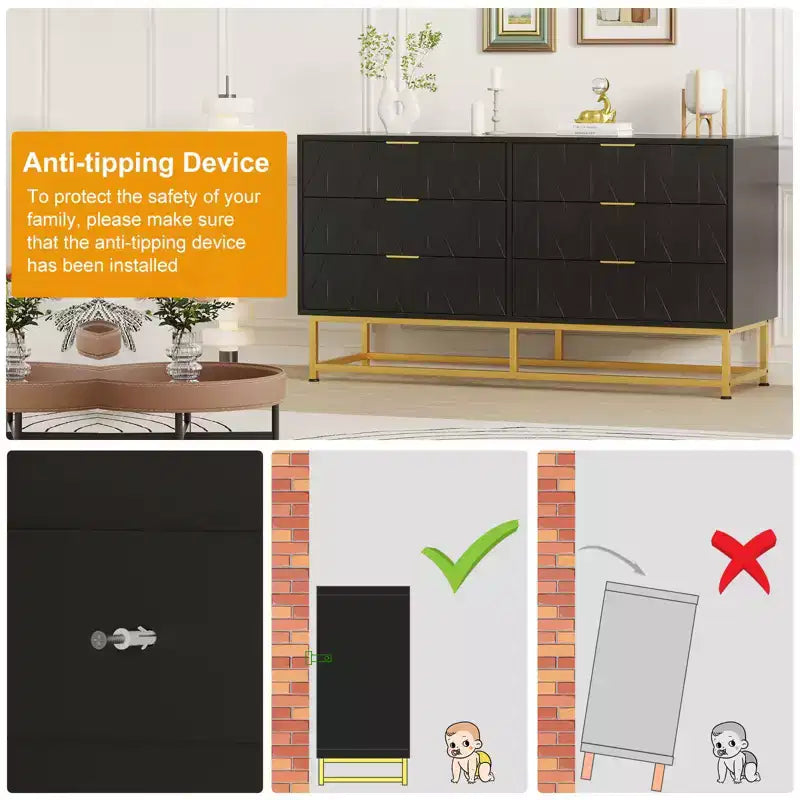 Modern Narrow 6 Drawer Fabric Dresser with Gold Handle for Bedroom, Closet & Living Room
