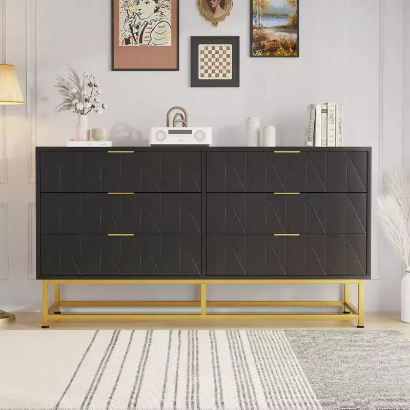 Modern Narrow 6 Drawer Fabric Dresser with Gold Handle for Bedroom, Closet & Living Room