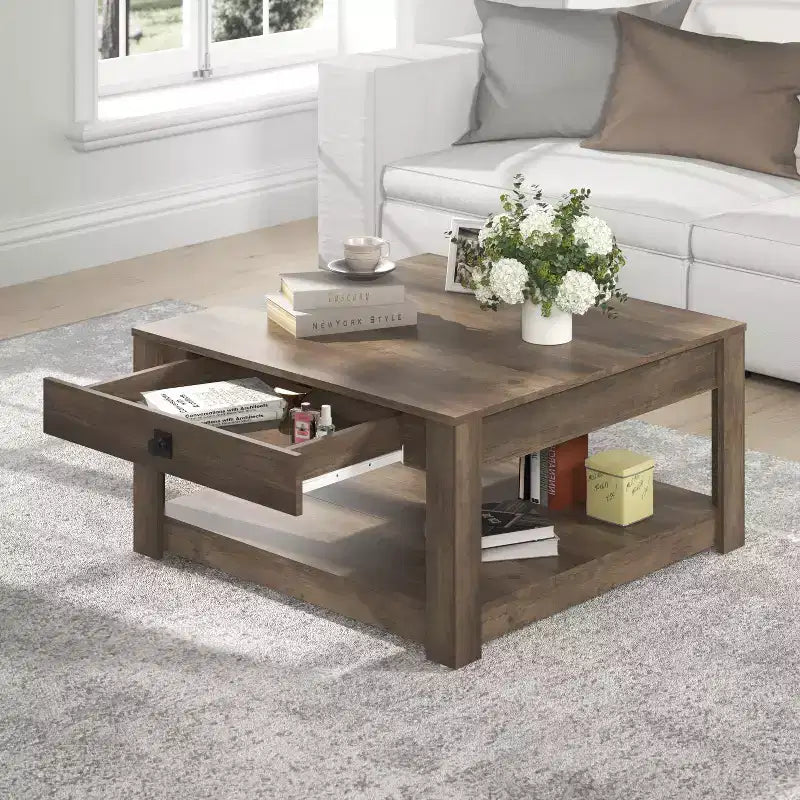 Galano Philia Coffee Table With Drawer - Knotty Oak