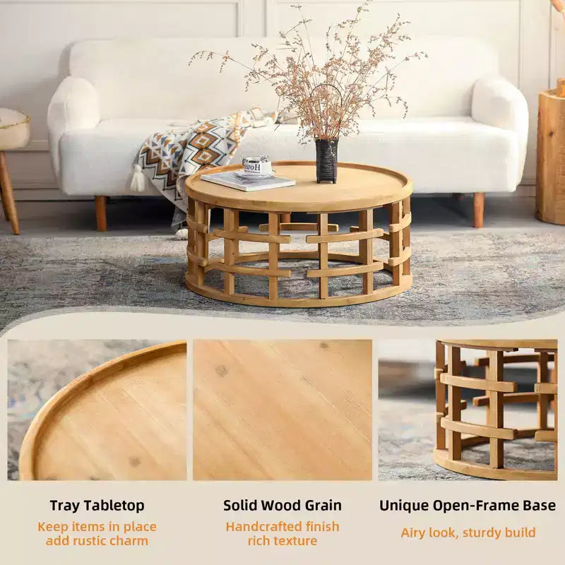 GDFStudio Jovren 31.5 Rustic Wooden Round Coffee Table with Open-Frame Base