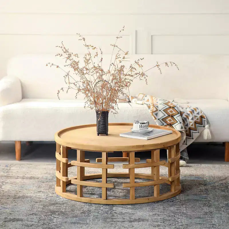 GDFStudio Jovren 31.5 Rustic Wooden Round Coffee Table with Open-Frame Base