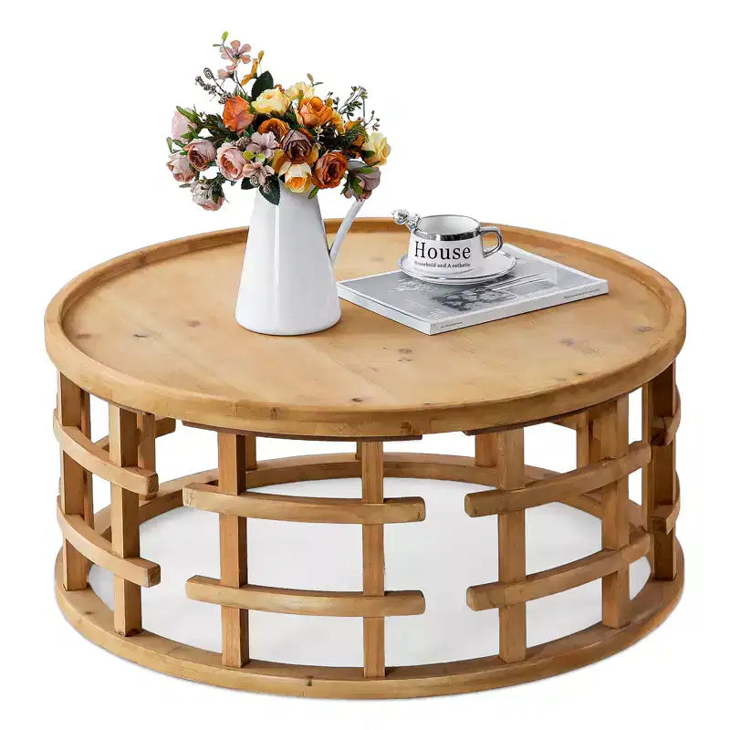 GDFStudio Jovren 31.5 Rustic Wooden Round Coffee Table with Open-Frame Base