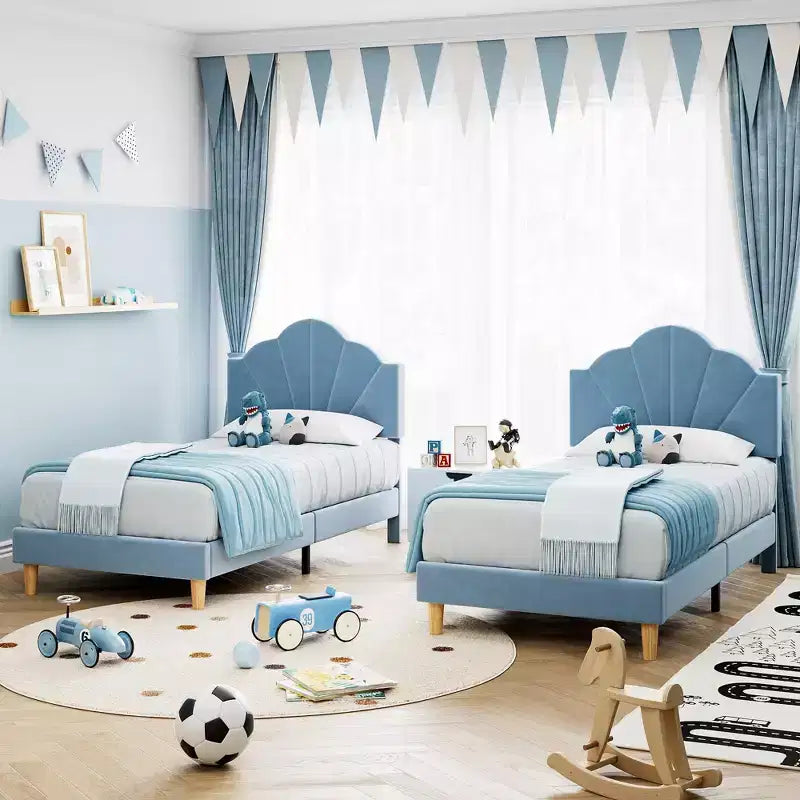 Twin Bed Frame, Velvet Upholstered Platform Bed Frame with Height Adjustable Headboard for Boys & Girls, Wood Slat Support, No Box Spring Needed