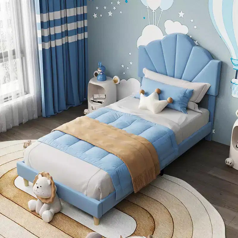 Twin Bed Frame, Velvet Upholstered Platform Bed Frame with Height Adjustable Headboard for Boys & Girls, Wood Slat Support, No Box Spring Needed