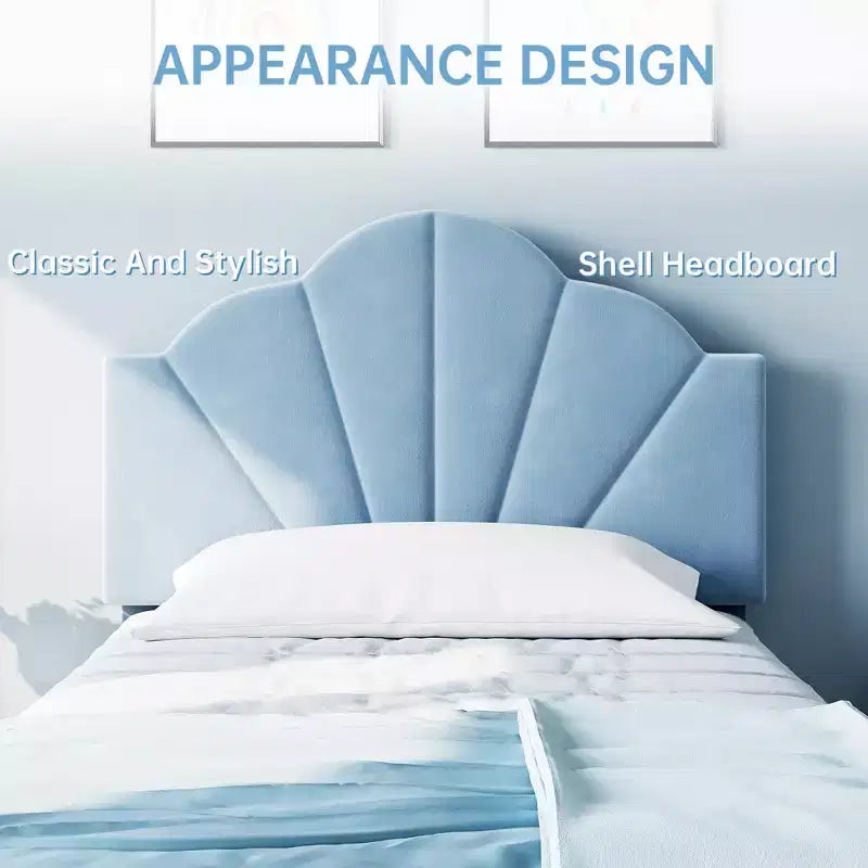Twin Bed Frame, Velvet Upholstered Platform Bed Frame with Height Adjustable Headboard for Boys & Girls, Wood Slat Support, No Box Spring Needed