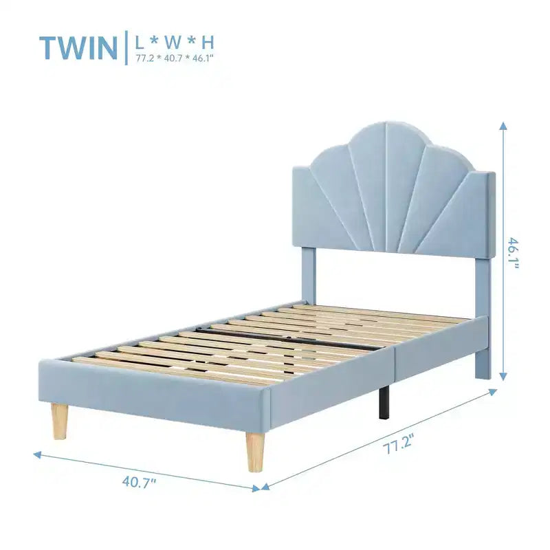 Twin Bed Frame, Velvet Upholstered Platform Bed Frame with Height Adjustable Headboard for Boys & Girls, Wood Slat Support, No Box Spring Needed