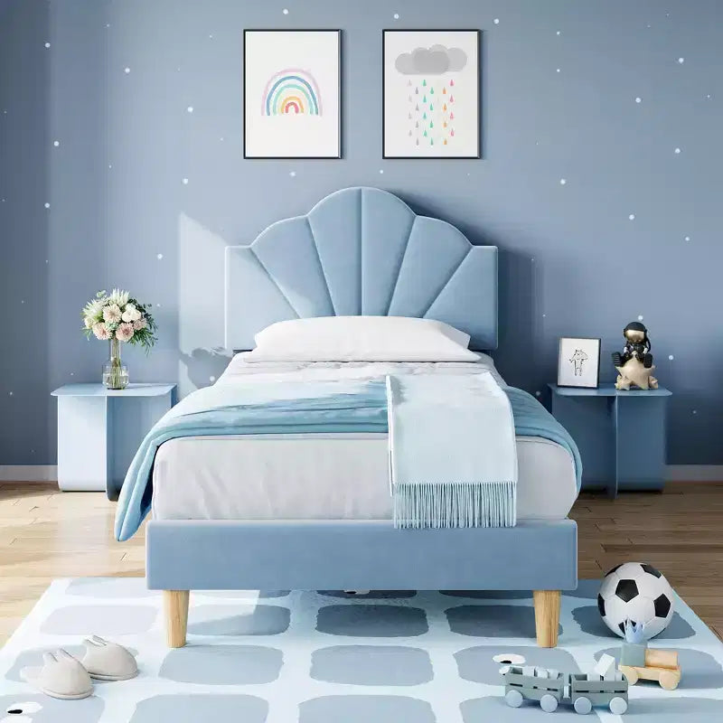 Twin Bed Frame, Velvet Upholstered Platform Bed Frame with Height Adjustable Headboard for Boys & Girls, Wood Slat Support, No Box Spring Needed