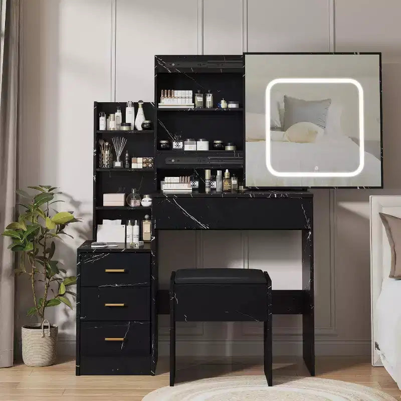 Acekool Vanity Set with Storage Drawers, Sliding Mirror, Charging Station, Adjustable Lighting, Stool, Marble Black