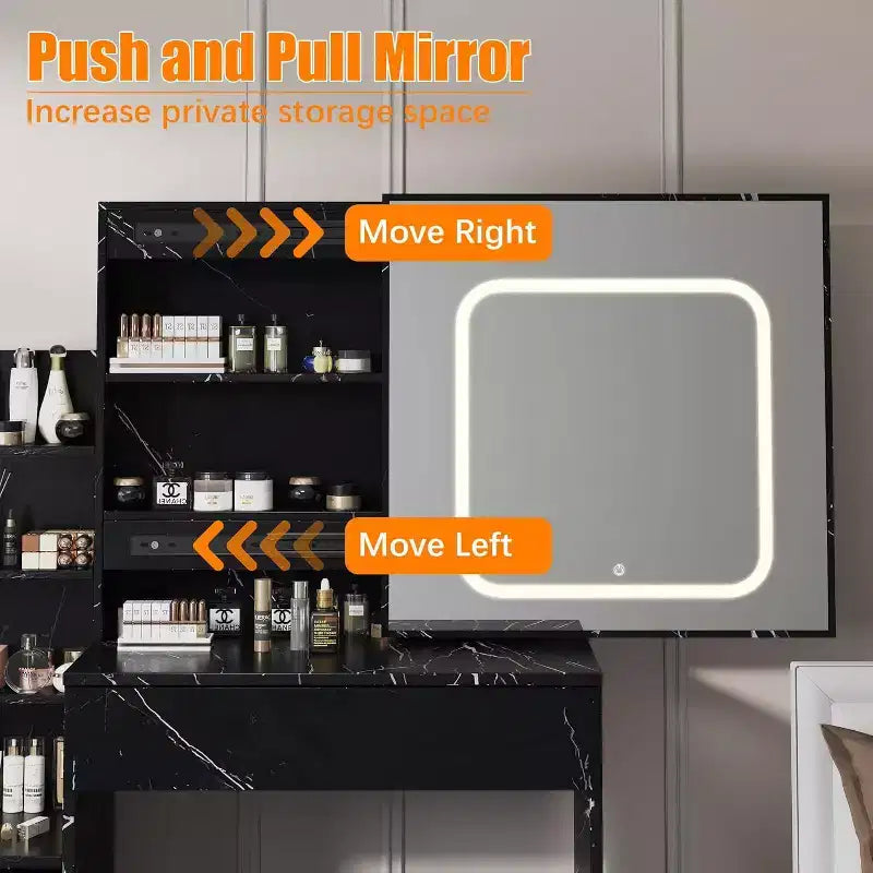 Acekool Vanity Set with Storage Drawers, Sliding Mirror, Charging Station, Adjustable Lighting, Stool, Marble Black